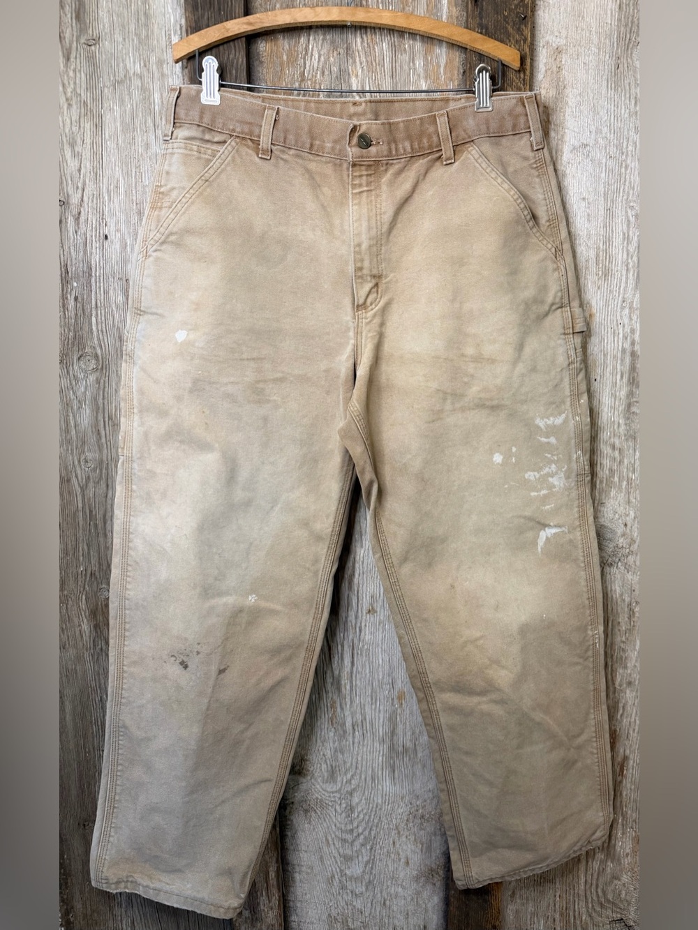 VTG Carhartt Carpenter Pants Tan Canvas Distressed Workwear Size 34